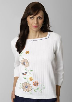 Alfred Dunner Color Revival White Sweater With Floral Detail