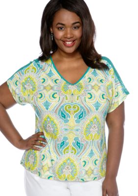 New Directions Weekend Plus Size Printed Lace Back Tee