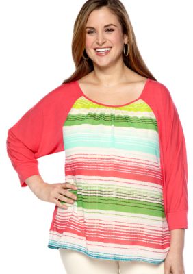 New Directions Weekend Plus Size Woven Stripe Knit Top