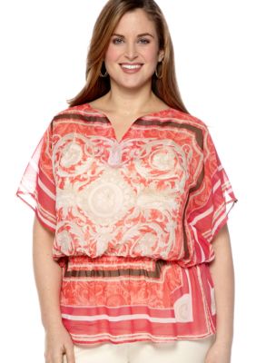 New Directions Weekend Plus Size V-Neck Printed Peplum Top