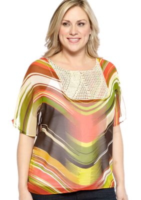 New Directions Weekend Plus Size Dolman Top with Woven Crochet Bib