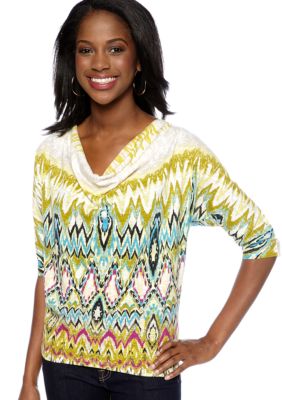 New Directions&reg; Weekend Petite Cowl Neck Crochet Trim Top