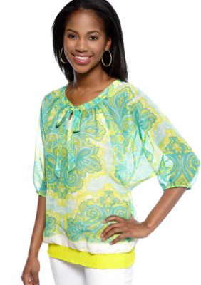 New Directions Weekend Petite Tie Front Printed Top