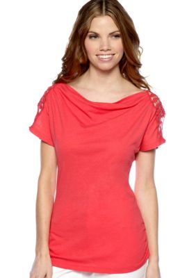New Directions Weekend Petite Crochet Shoulder Drape Neck Top