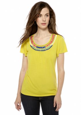 New Directions Weekend Petite Flutter Sleeve Beaded Top