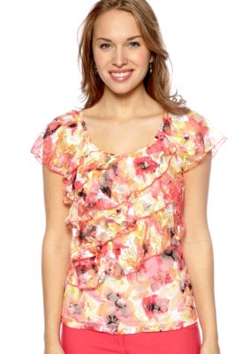New Directions Petite Flutter Sleeve Lace Top with Asymmetrical Front Ruffles
