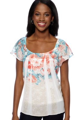 New Directions&reg; Petite Sublimation Floral Print Top with Flutter Sleeves