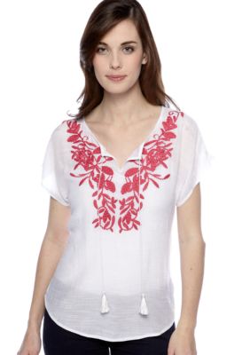 New Directions Petite Short Sleeved Embroidered Gauze Top with Tassels