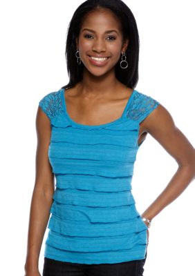New Directions Petite Eyelash Ruffle Top with Lace Shoulders