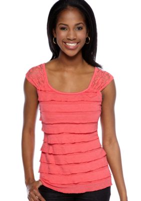 New Directions Petite Eyelash Ruffle Top with Lace Shoulders