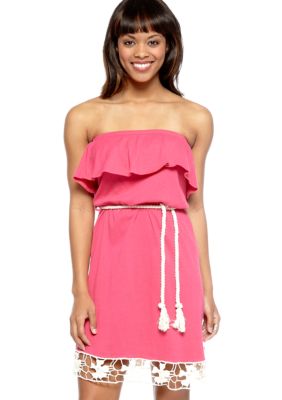 Red Camel Crochet Trim Ruffle Tube Dress