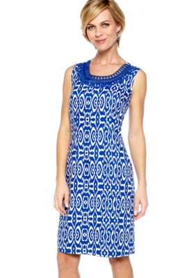 Kim Rogers Printed Linen Dress with Crochet Neck Trim