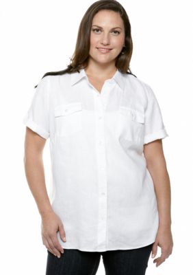 Kim Rogers Plus Size Linen Roll Tab Sleeve Solid Camp Shirt