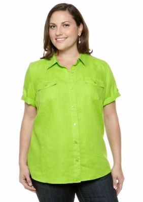 Kim Rogers Plus Size Linen Roll Tab Sleeve Solid Camp Shirt