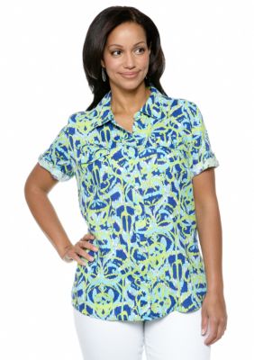 Kim Rogers Plus Size Linen Roll Tab Sleeve Printed Camp Shirt