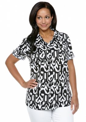 Kim Rogers Plus Size Linen Roll Tab Sleeve Printed Camp Shirt