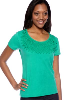 Choices Solid Short Sleeve Laser Cut Top