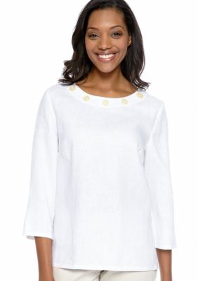 Choices Three Quarter Sleeve Button Crew Neck Linen Shirt