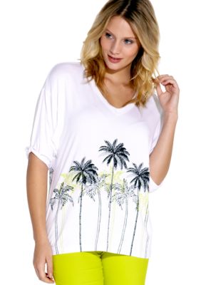 Karen Kane Electric Tide Rolled Sleeve Palm Tree Top