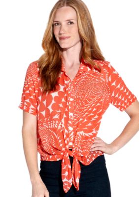 Karen Kane Coral Reef Short Sleeve Printed Tie Front Shirt