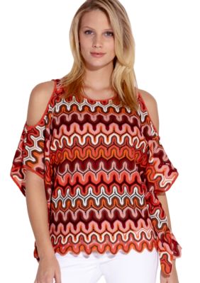 Karen Kane Coral Reef Zig Zag Crochet Cold Shoulder Top