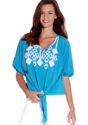Karen Kane Indigo Bay Beaded Knot Top