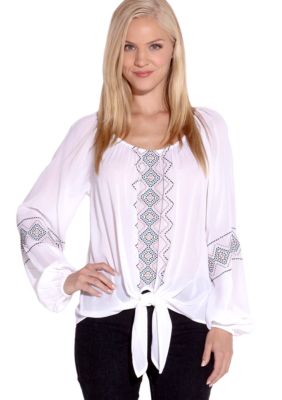 Karen Kane Indigo Bay Embroidered Knot Top