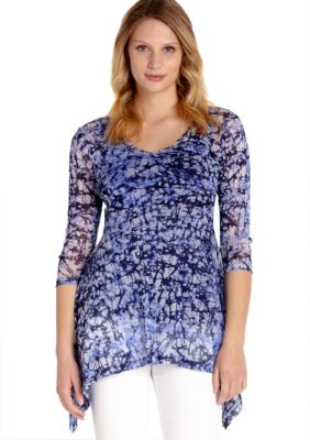 Karen Kane Electric Tide Batik Print Mesh Handkerchief Hem Top