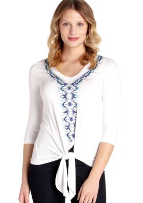 Karen Kane Electric Tide Three-Quarter Sleeve Placed Print Tie Top