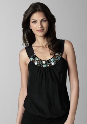 Karen Kane Silk Reverse Charmeuse Beaded Smocked Top