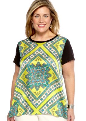 Madison Plus Size Knit And Woven Print Top