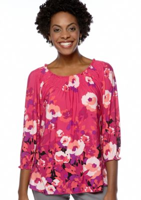 Madison Petite 3/4 Sleeve Smocked Neck Knit Top