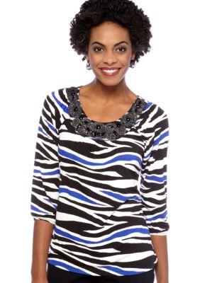 Madison Petite Embellished Neckline Printed Tee