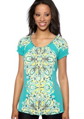 Madison Petite Printed Short Sleeve Smock Neck Tee