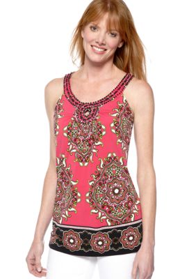 Madison Petite Printed Top with Embellished Neckline