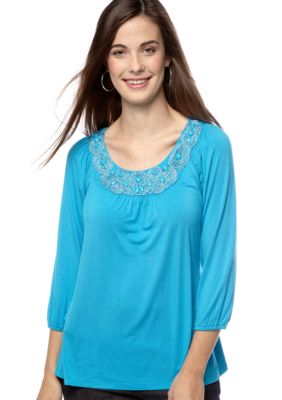 Madison Petite Embellished Neckline Tee
