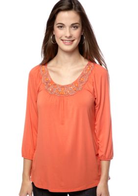 Madison Petite Embellished Neckline Tee