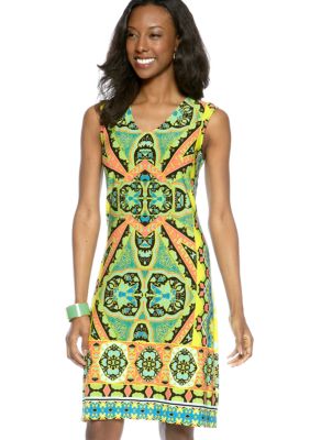 Madison Petite Cap Sleeve V-Neck Print Dress