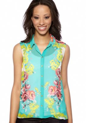 Madison Petite Flower Print Hi-Low Chiffon Blouse