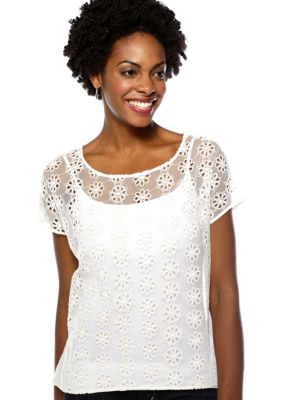 Madison Petite Boxy Flower Embroidered Top