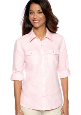 Kim Rogers Petite Linen Button Down Top with Patch Pockets