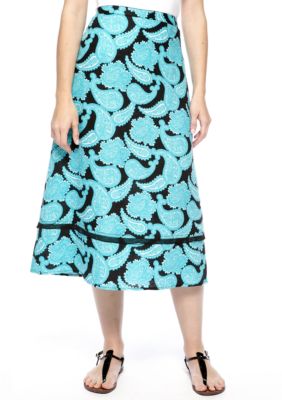 Kim Rogers Petite Printed Linen Tiered Skirt with Georgette Trim