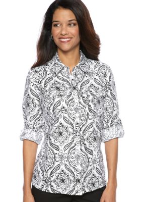 Kim Rogers Petite Printed Button Down Top with Patch Pockets
