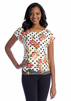 Kim Rogers® Knit to Woven Floral and Polka Dot Top