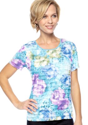 Kim Rogers Printed Short Sleeve Ruffle Top