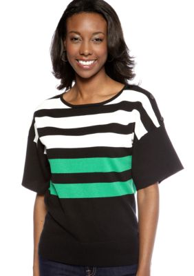 Kim Rogers&reg; Stripe Crew Neck Elbow Sleeve Pullover