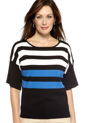 Kim Rogers Stripe Crew Neck Elbow Sleeve Pullover