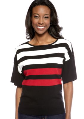 Kim Rogers&reg; Stripe Crew Neck Elbow Sleeve Pullover