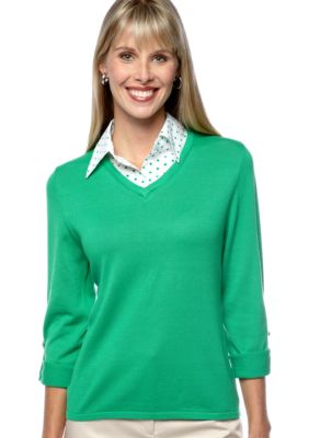 Kim Rogers 3/4 Sleeve Roll Tab Printed Collar 2fer