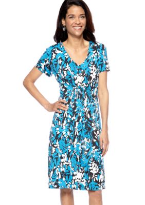 Kim Rogers Petite Printed Dress with Elastic Smocked Center